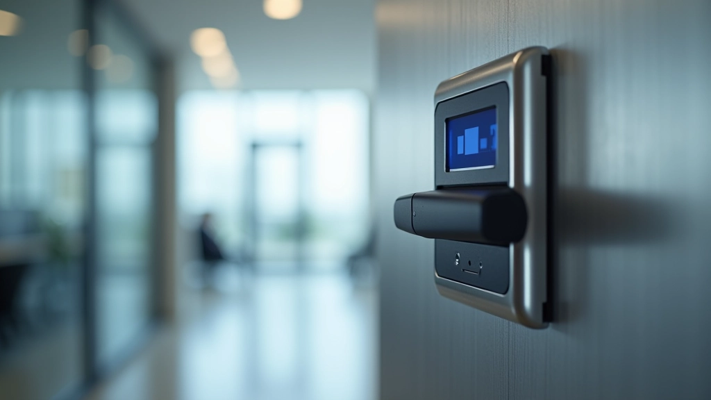 Electronic keycard reader mounted on office door frame with LED indicator light