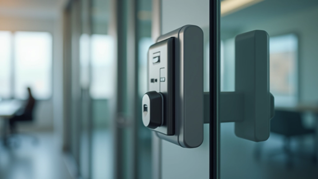 Electronic keycard reader mounted on office door with LED status indicator showing access granted