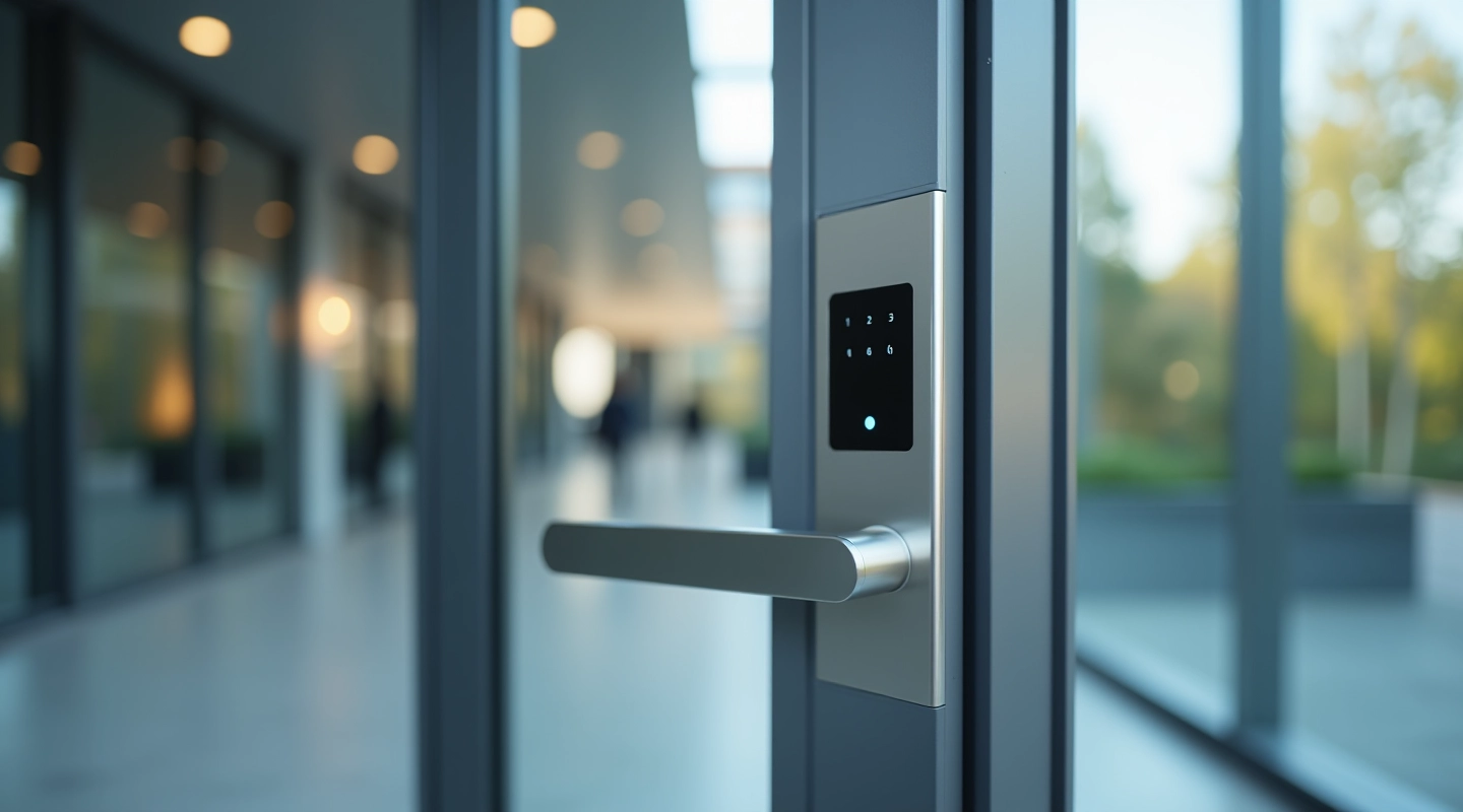 Modern office building entrance with electronic keycard door lock and access panel
