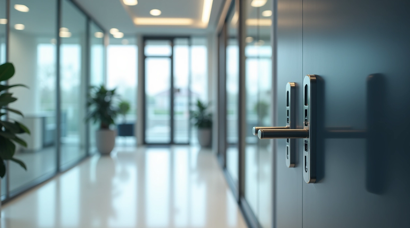 Modern office building lobby with electronic access control system installed
