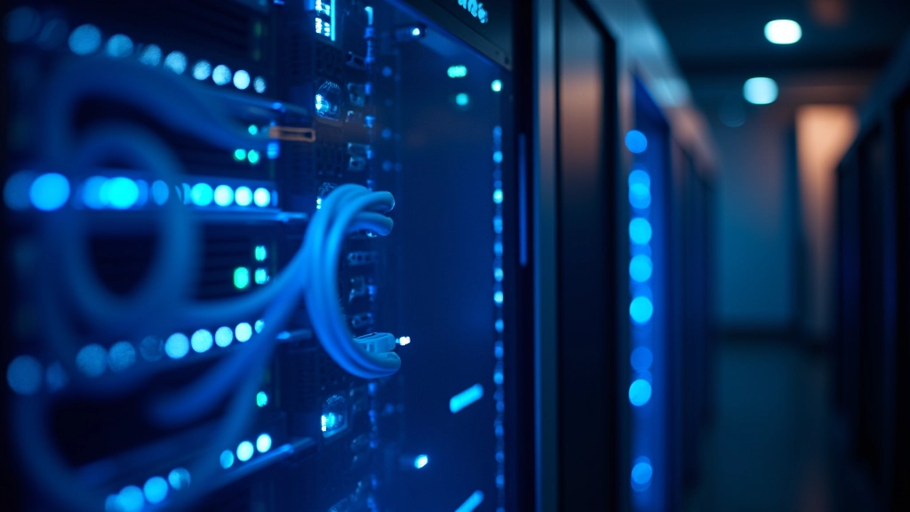 Network cables and connections at server rack in control room with LED indicators