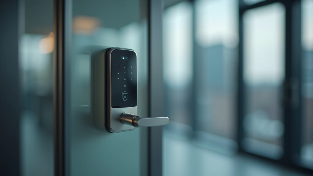 Close-up view of electronic keycard access system hardware installed on office building door