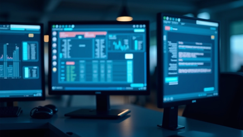 Modern security monitoring station with access control software interface displayed on screens