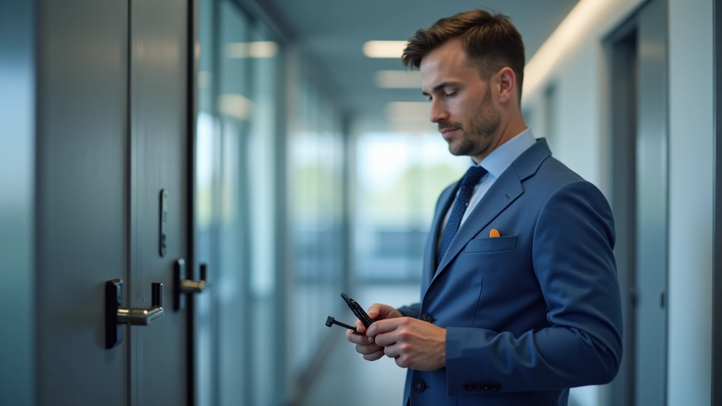 Technician examining electronic lock mechanism on office door with diagnostic tools