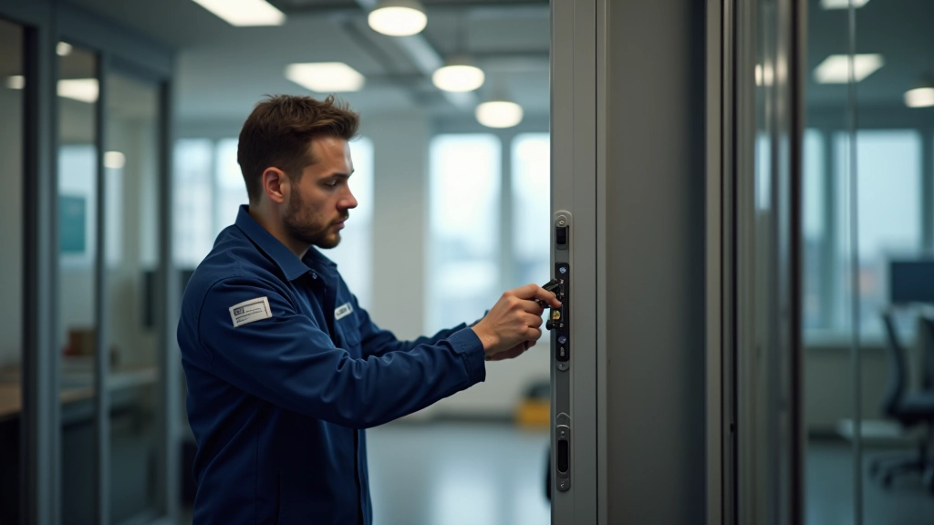 Technician installing electronic lock mechanism in office door frame