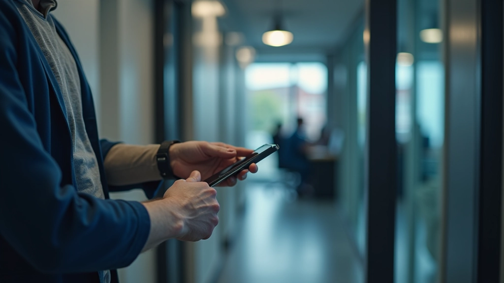 Technician installing keycard reader on glass office door