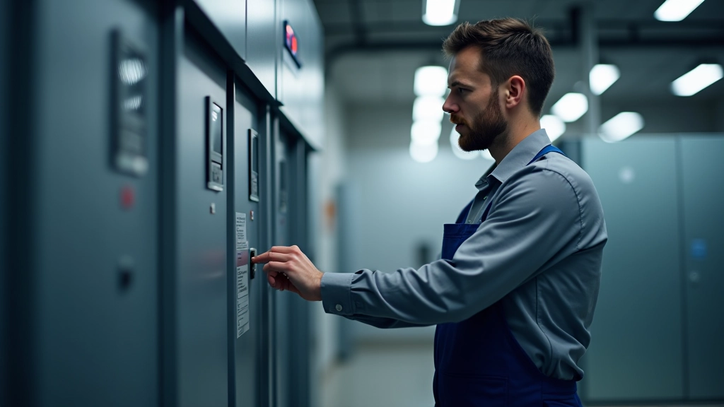 Technician performing maintenance on electronic access control system panel in office building