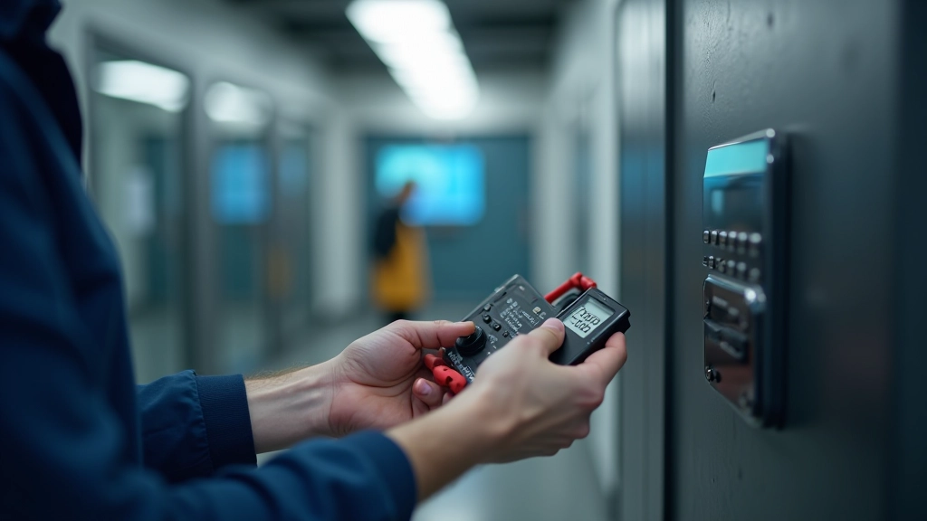 Technician testing keycard reader with multimeter and test card in controlled environment